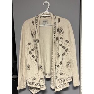 Lucky Brand Lucky Lotus Beige Cream Aztec Embroidered Knit Wrap Cardigan‎ L
